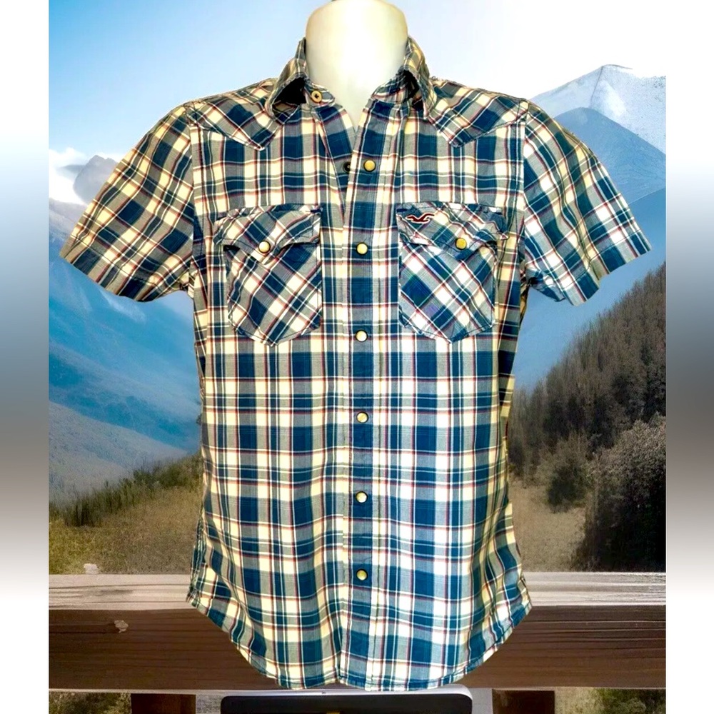 🤠HOLLISTER🤠 WESTERN PLAID SHORT SLEEVE PEARL SNAP SHIRT EUC💥